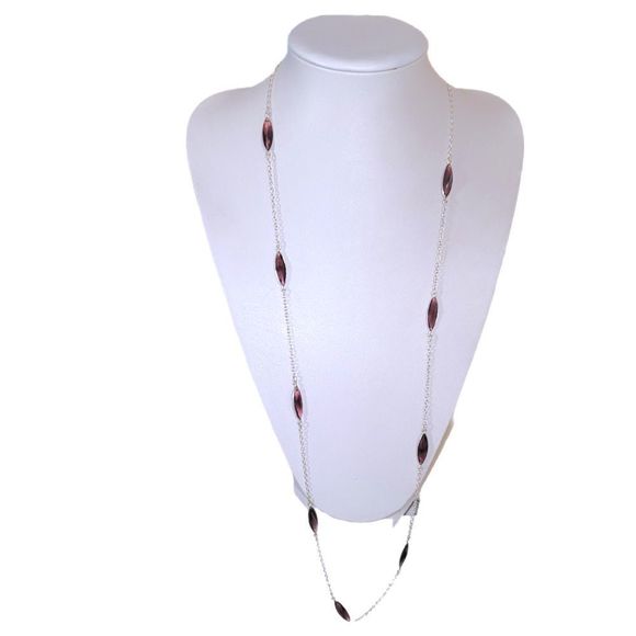 Silver-Tone Amethyst Color Purple Glass Marquise Cut Bezel Set Necklace 40" - Picture 1 of 6